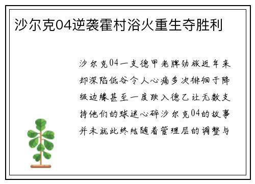 沙尔克04逆袭霍村浴火重生夺胜利